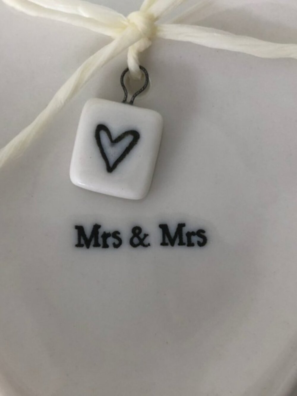 Mrs. & Mrs. ceramic trinket heart dish East of India NWOT